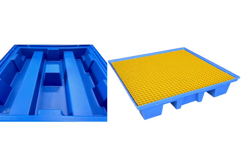 Removable grates allow for easier cleaning of the spill pallet