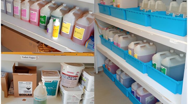 Storage totes stacked in mining workshop for industrial storage