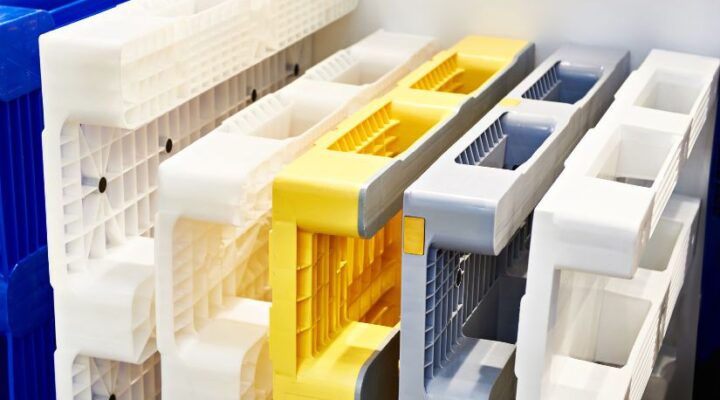 Storage totes stacked in mining workshop for industrial storage