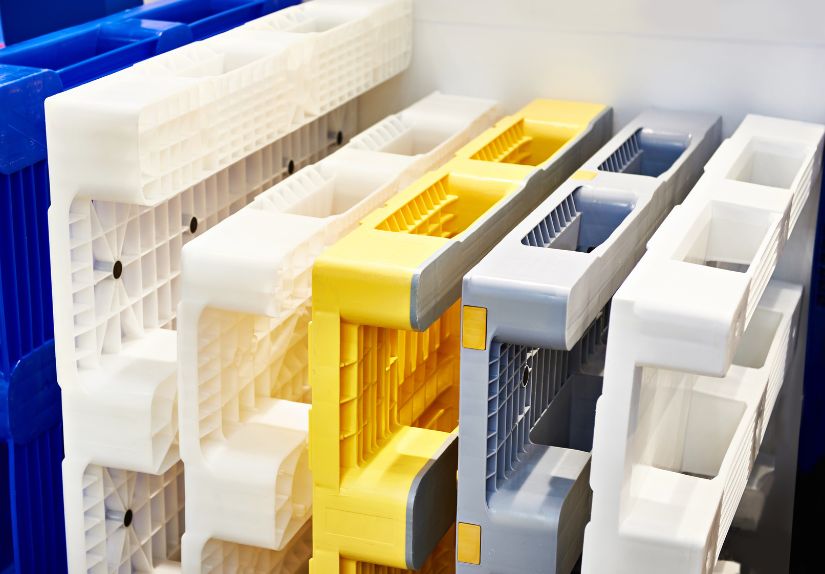 Storage totes stacked in mining workshop for industrial storage